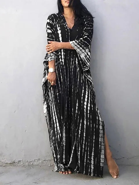 Levoire | Pour Femmes Long, Coupe Lâche - V-Cou Tie-Dye Style Bohème Noir et blanc Une taille