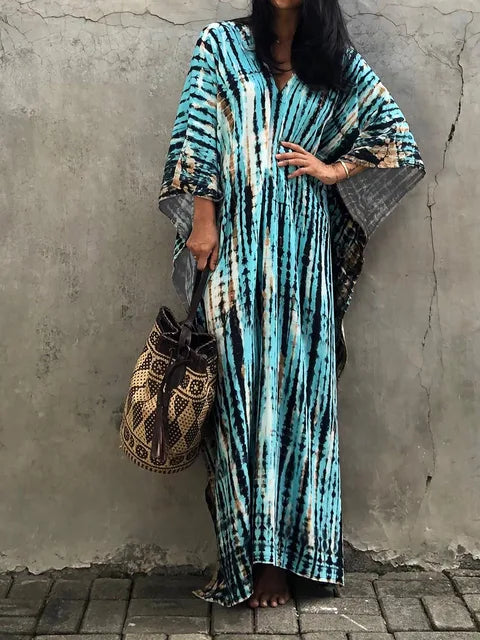 Levoire | Pour Femmes Long, Coupe Lâche - V-Cou Tie-Dye Style Bohème Ciel bleu Une taille