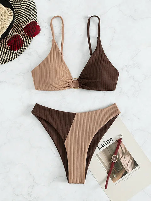 Levoire | Deux Couleurs Bikini Côtelé Taille Haute Pour Femmes Café