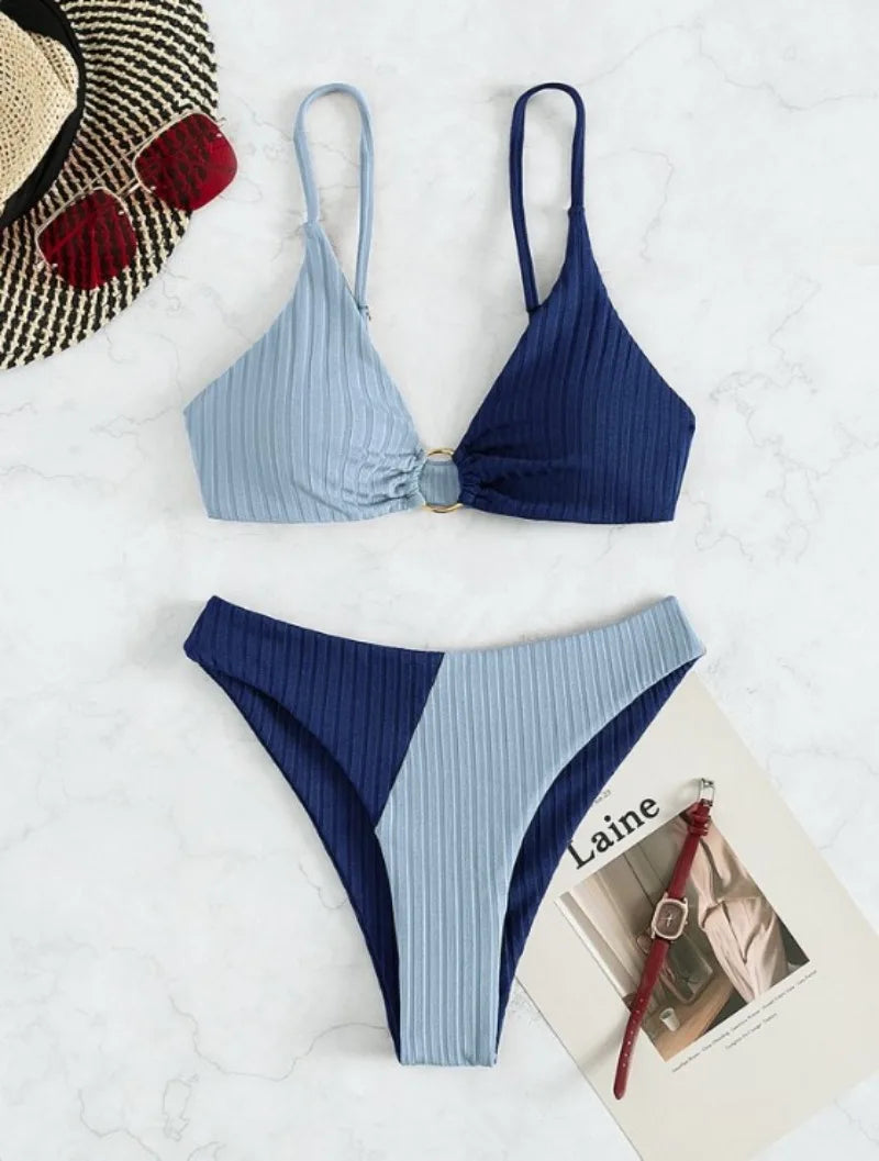 Levoire | Deux Couleurs Bikini Côtelé Taille Haute Pour Femmes Bleu foncé