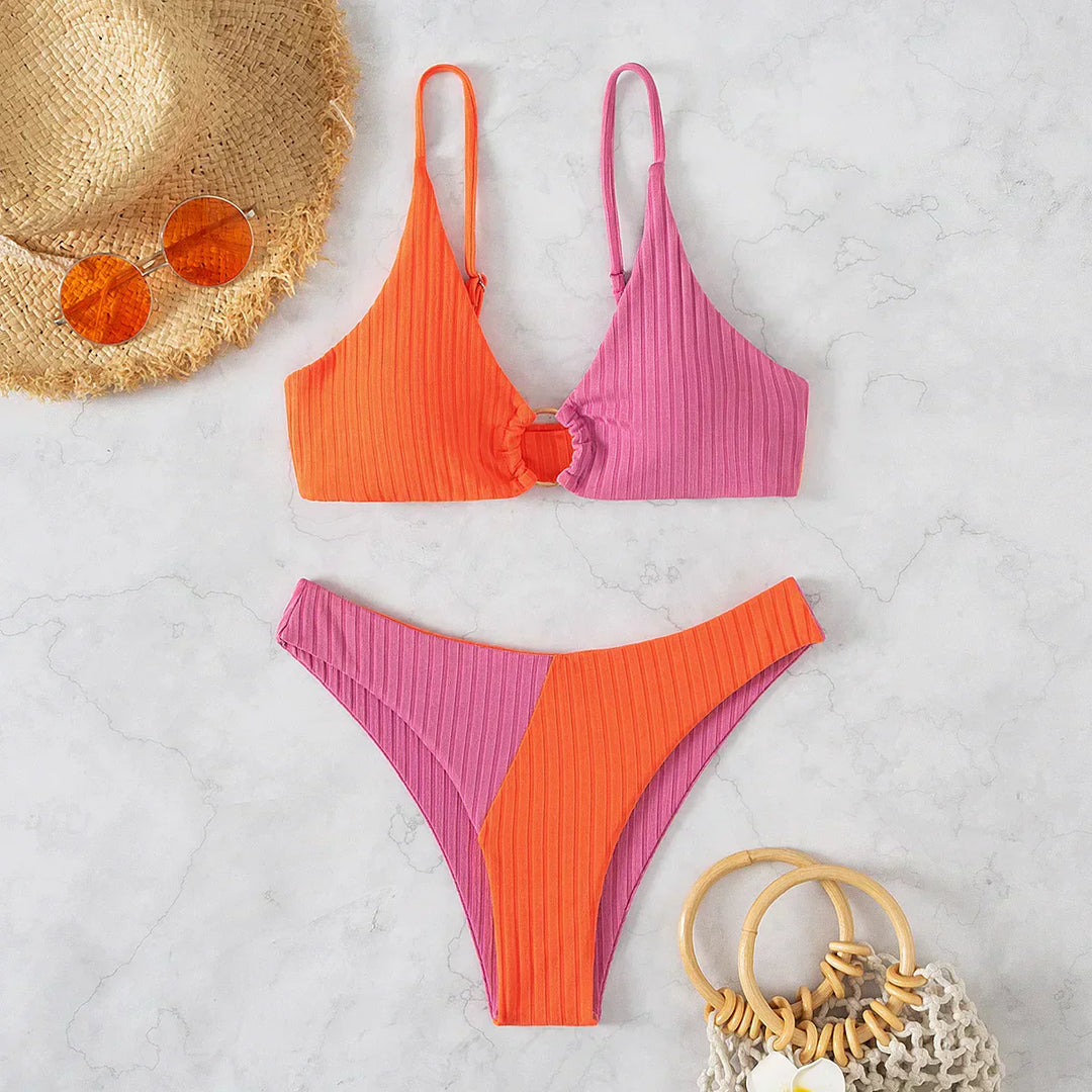Levoire | Deux Couleurs Bikini Côtelé Taille Haute Pour Femmes Orange
