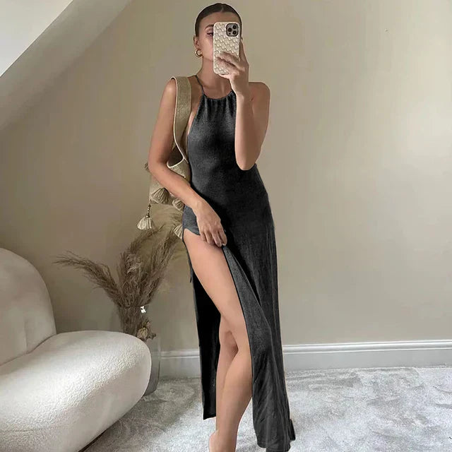 Levoire | Robe chic maxi fendue en tissu transparent Noir