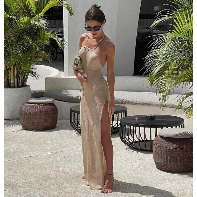 Levoire | Robe chic maxi fendue en tissu transparent Kaki