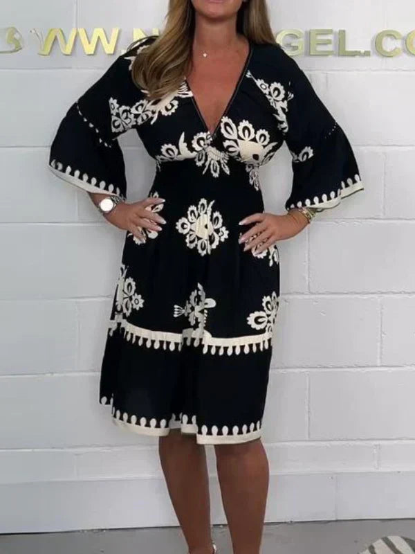 Levoire | Robe Imprimé Élégant Décolleté V Noir