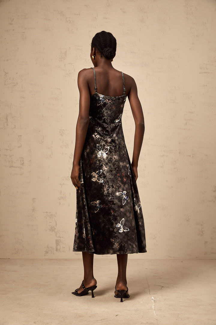 Levoire | Robe Midi En Velours Avec Imprimé Papillon Noir