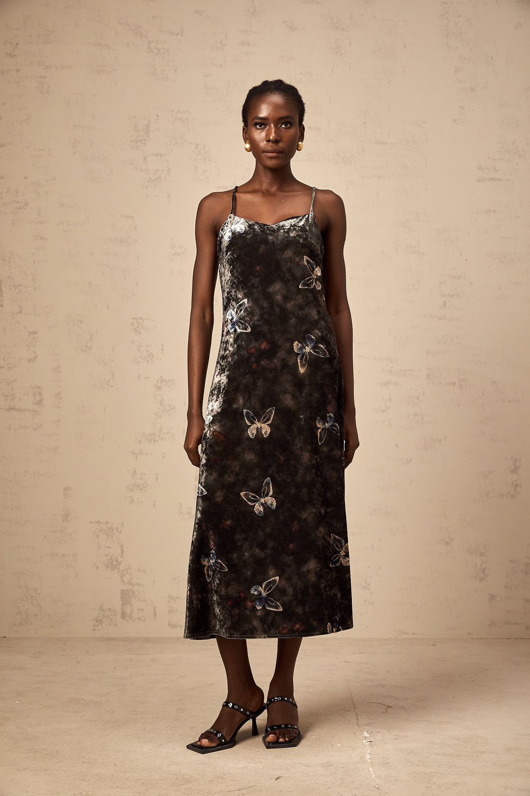 Levoire | Robe Midi En Velours Avec Imprimé Papillon Noir