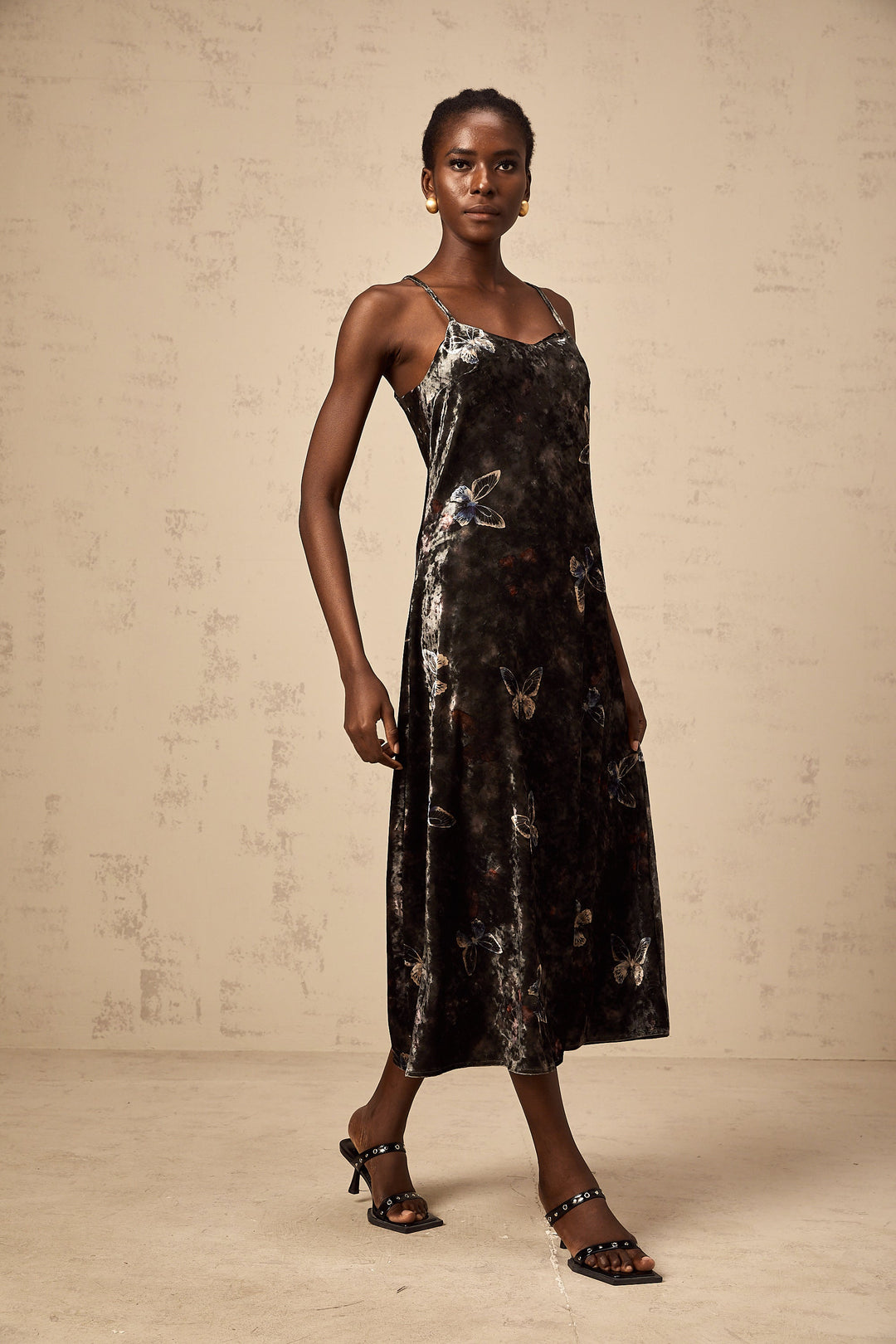 Levoire | Robe Midi En Velours À Imprimé Papillon Noir