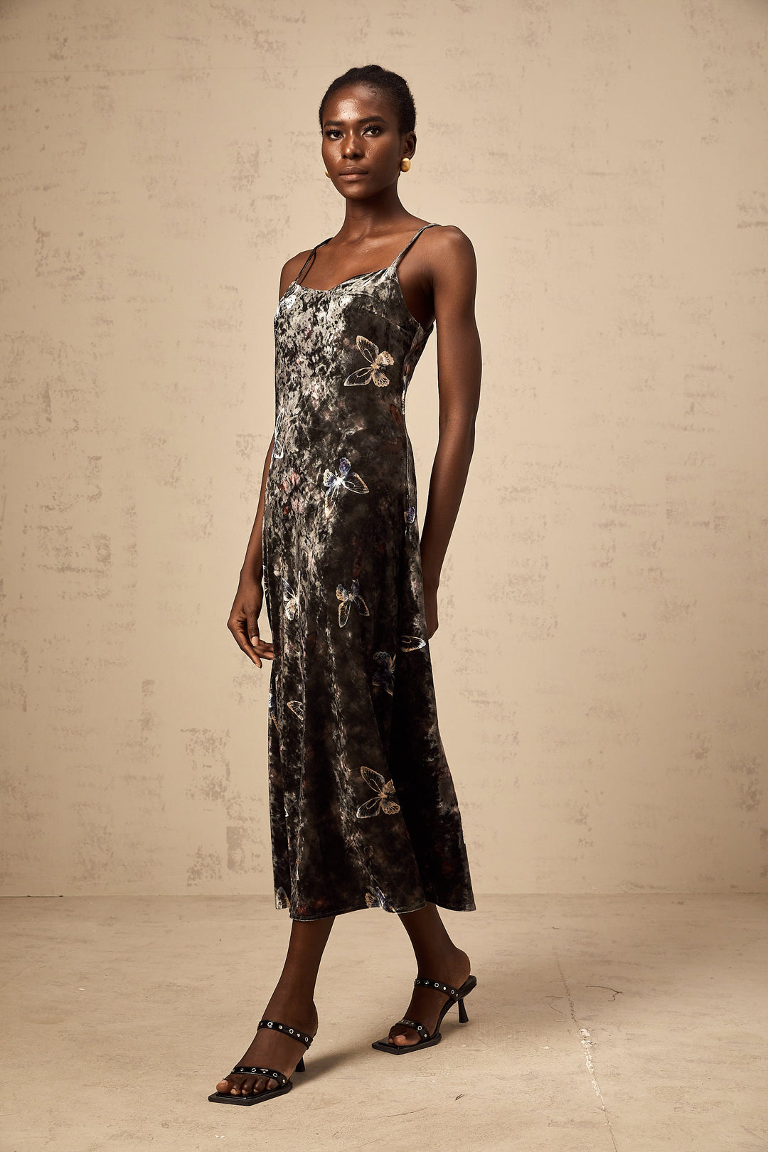 Levoire | Robe Midi En Velours Avec Imprimé Papillon Noir