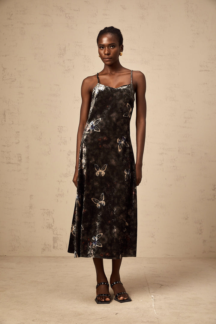 Levoire | Robe Midi En Velours Avec Imprimé Papillon Noir