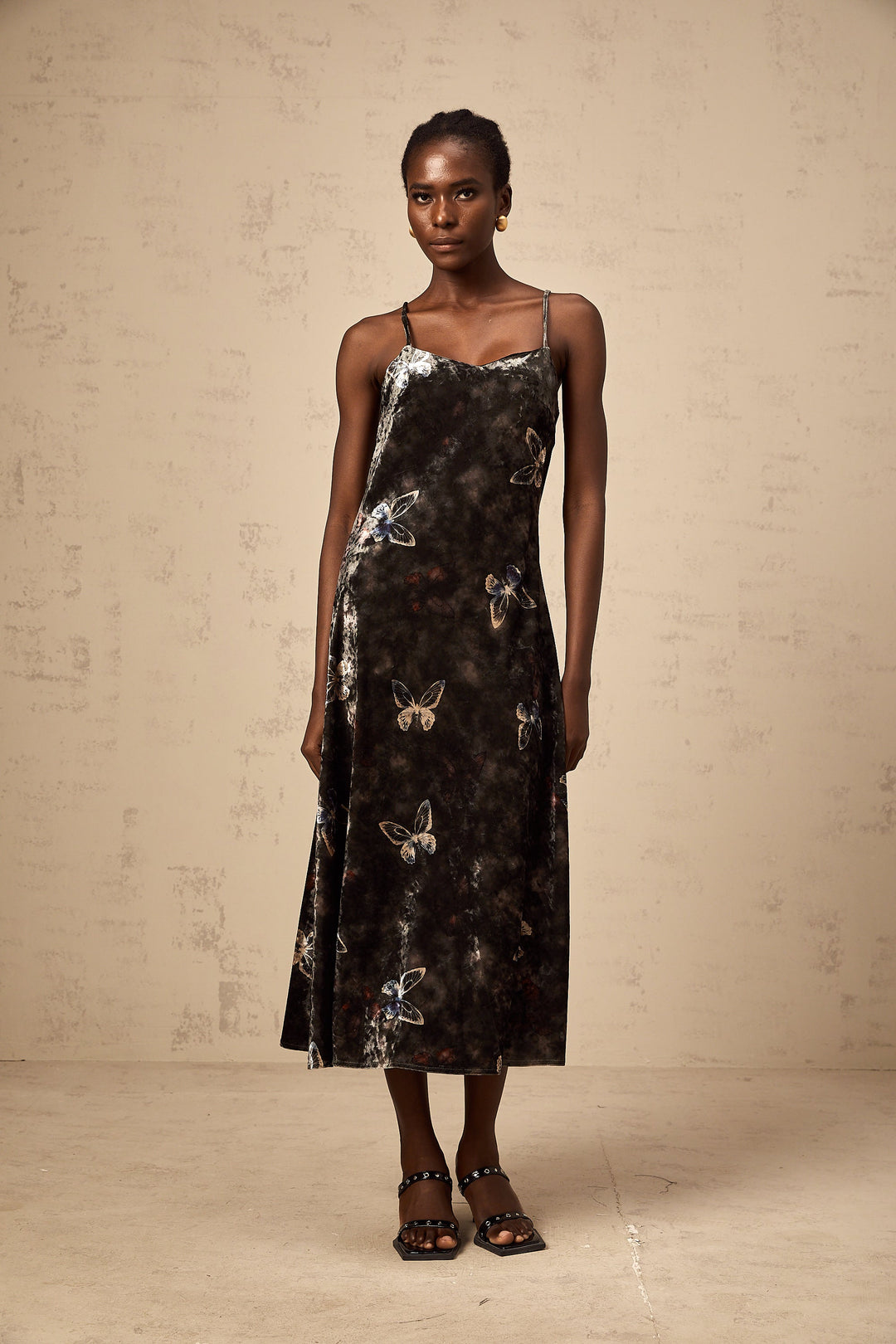 Levoire | Robe Midi En Velours À Imprimé Papillon Noir