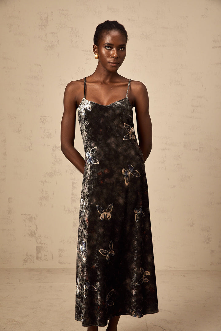 Levoire | Robe Midi En Velours Avec Imprimé Papillon Noir