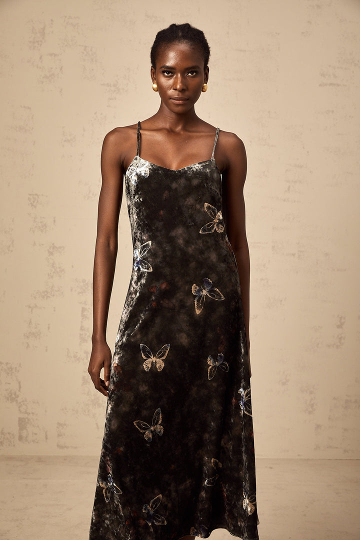 Levoire | Robe Midi En Velours Noir Avec Imprimé Papillon