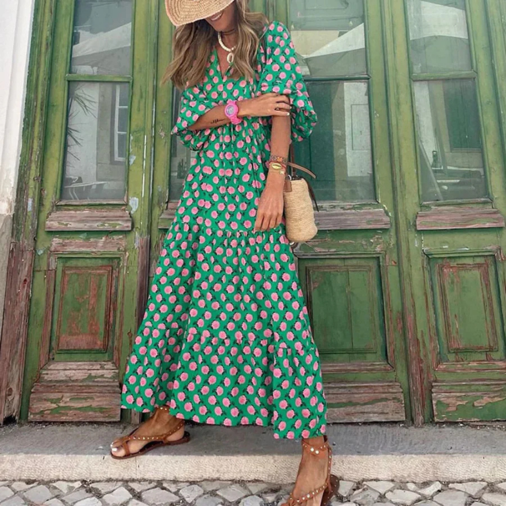 Levoire | Robe Maxi Boho avec motif floral romantique Feuilles vertes
