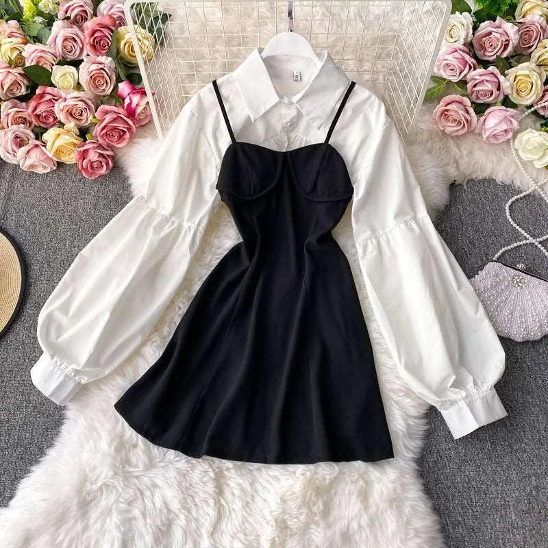 Levoire | Robe avec ceinture, chemisier à manches courtes, manches lanternes, robe à deux pièces