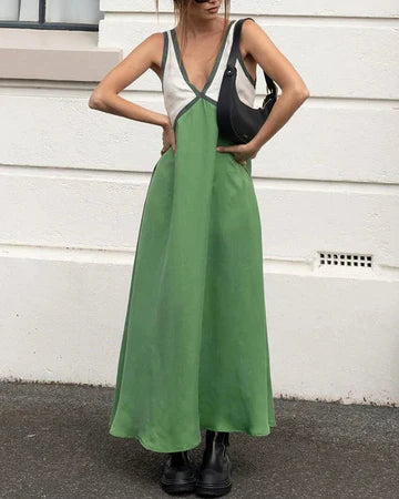 Levoire | Robe Maxi En Satin Brillant Couleur De Contraste Vert