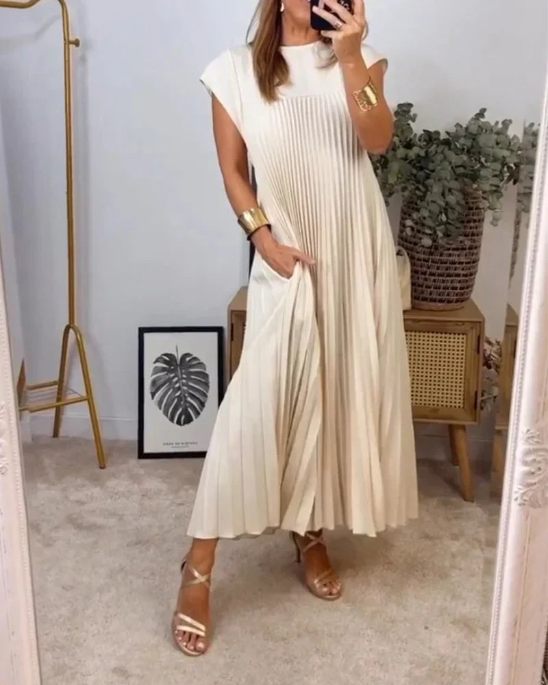Levoire | Robe unicolore simple et plissée pour femme Beige