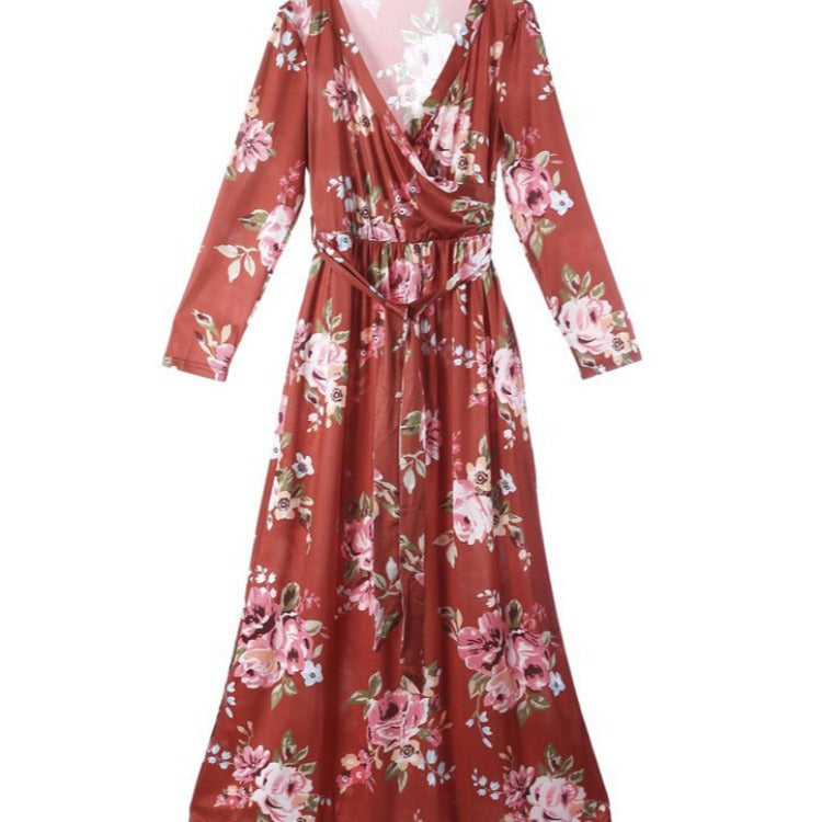 Robe maxi pour femmes avec design floral enroulé et manches longues Levoire