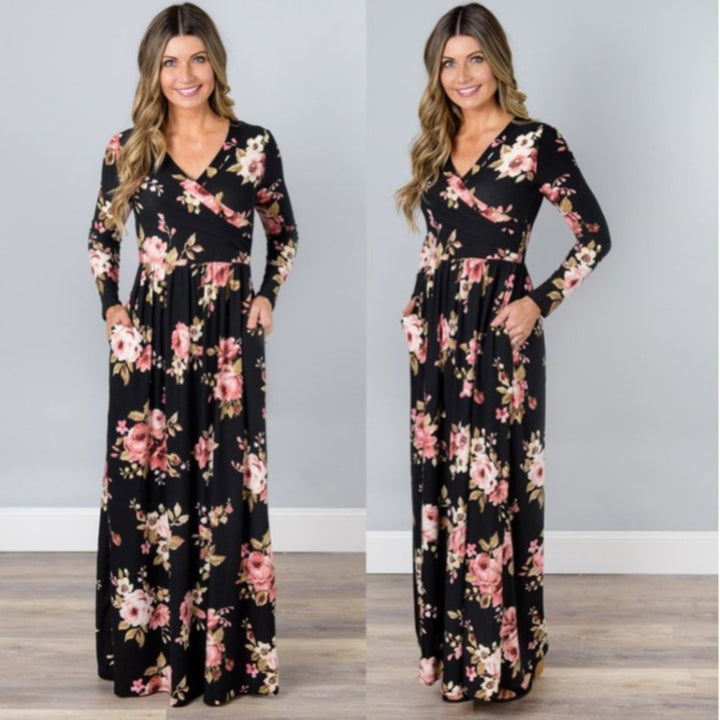 Robe maxi pour femmes avec design floral enroulé et manches longues Levoire