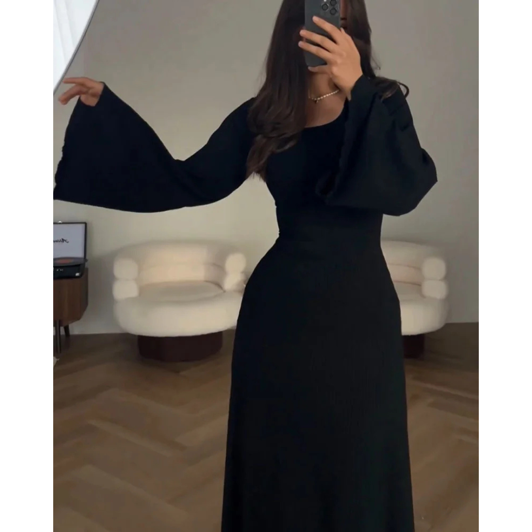 Levoire | Robe D'Invitée De Mariage Pour Femme À Manches Longues Et À Côtes - Maxi Noir