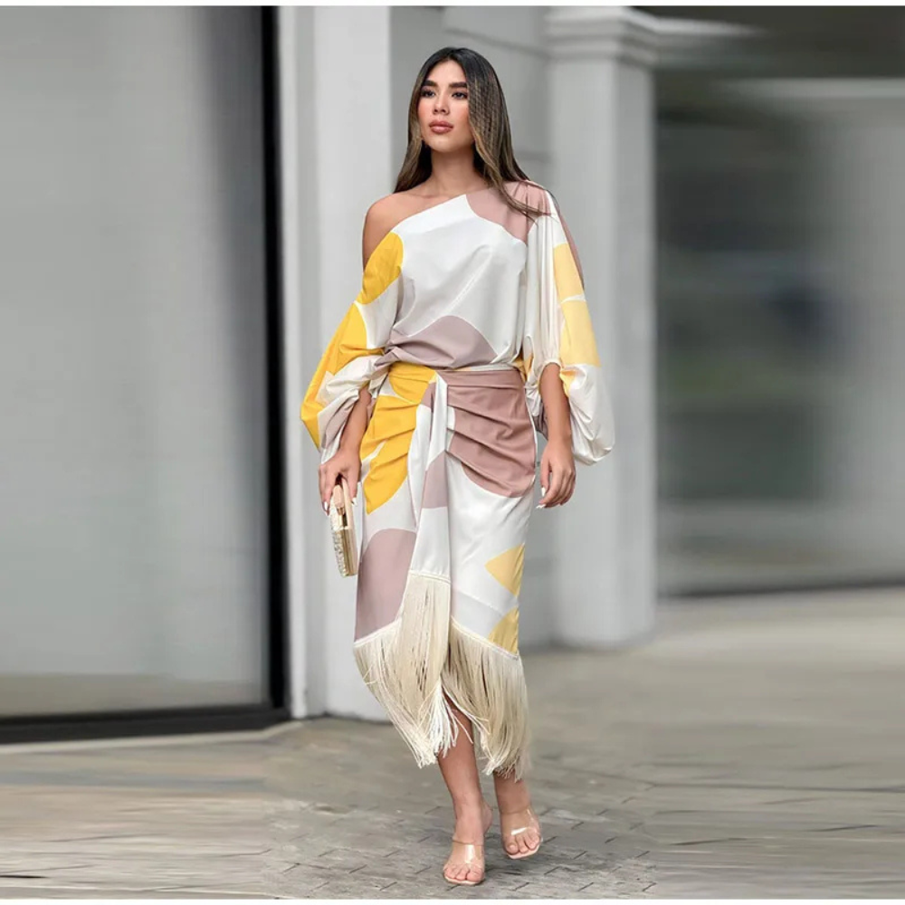 Levoire | Robe Asymétrique Avec Imprimé Boho Et Franges Jaune