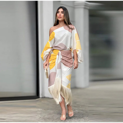 Levoire | Robe Asymétrique Avec Imprimé Boho Et Franges Jaune