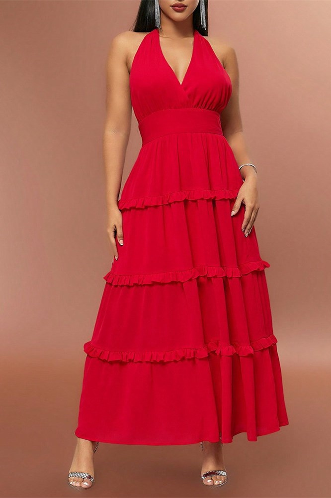 Levoire | Bretelles Taille Haute Volant Maxi Robe Rot