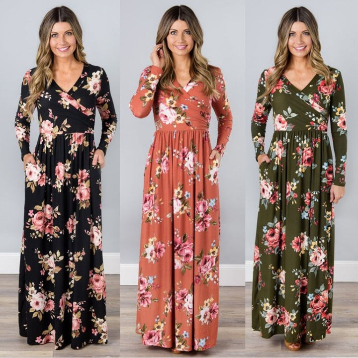 Robe maxi pour femmes avec design floral enroulé et manches longues Levoire