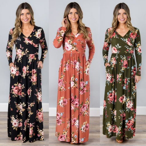 Robe maxi pour femmes avec design floral enroulé et manches longues Levoire