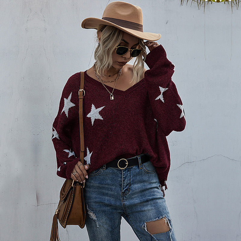 Sweater oversize pour femmes avec motif étoilé et décolleté en V profond Levoire