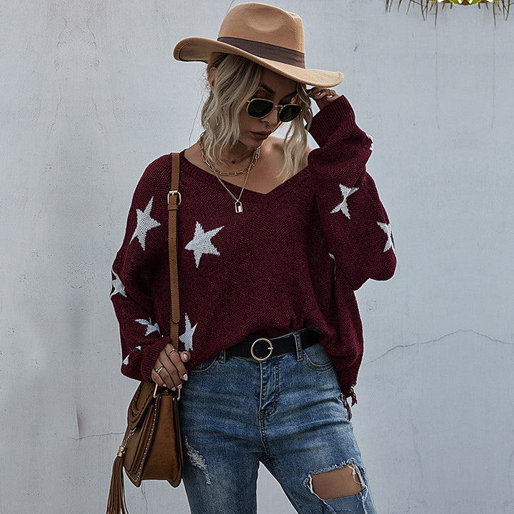 Sweater oversize pour femmes avec motif étoilé et décolleté en V profond Levoire