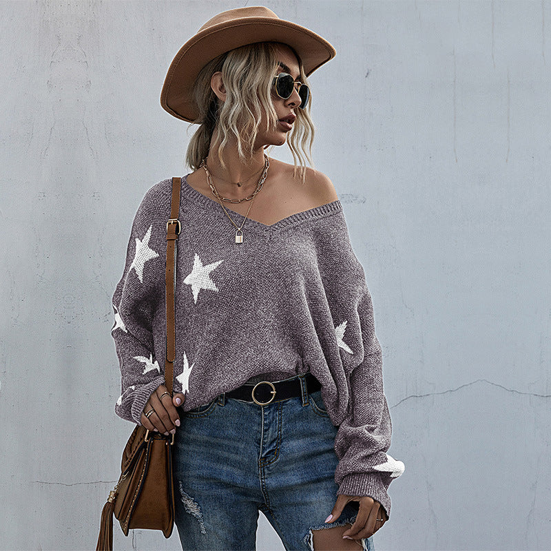 Sweater oversize pour femmes avec motif étoilé et décolleté en V profond Levoire