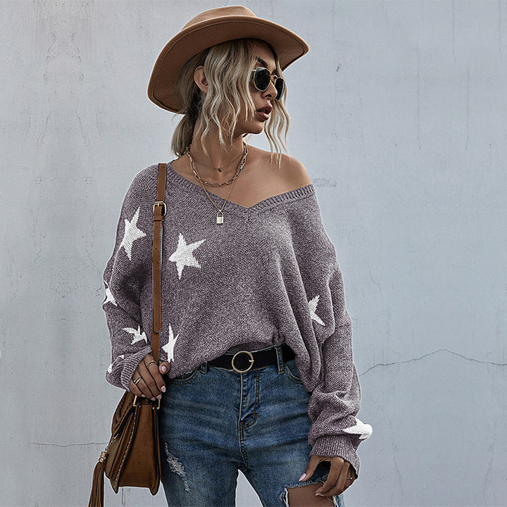 Sweater oversize pour femmes avec motif étoilé et décolleté en V profond Levoire