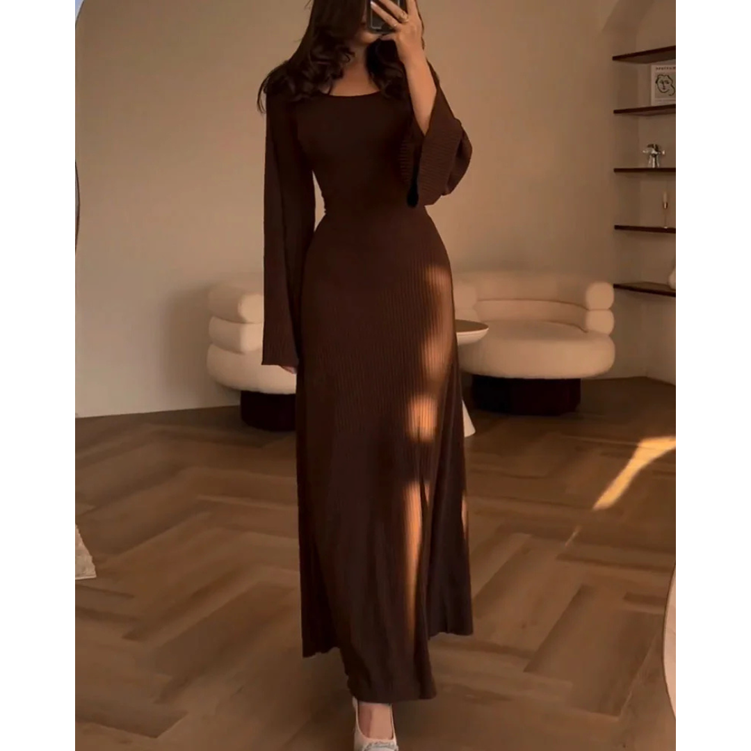 Levoire | Robe D'Invitée De Mariage Pour Femme À Manches Longues Et À Côtes - Maxi Marron
