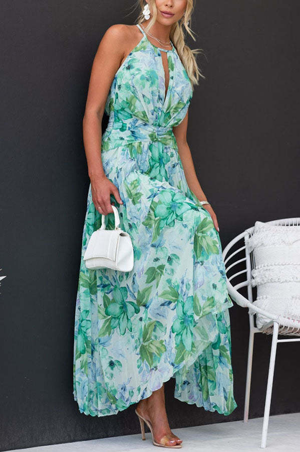 Levoire | Robe mi-longue plissée à encolure découpée et fleurs