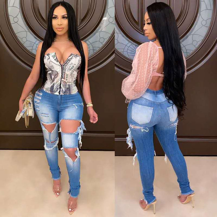Jeans skinny pour femmes avec look détruit à la mode et taille haute Levoire