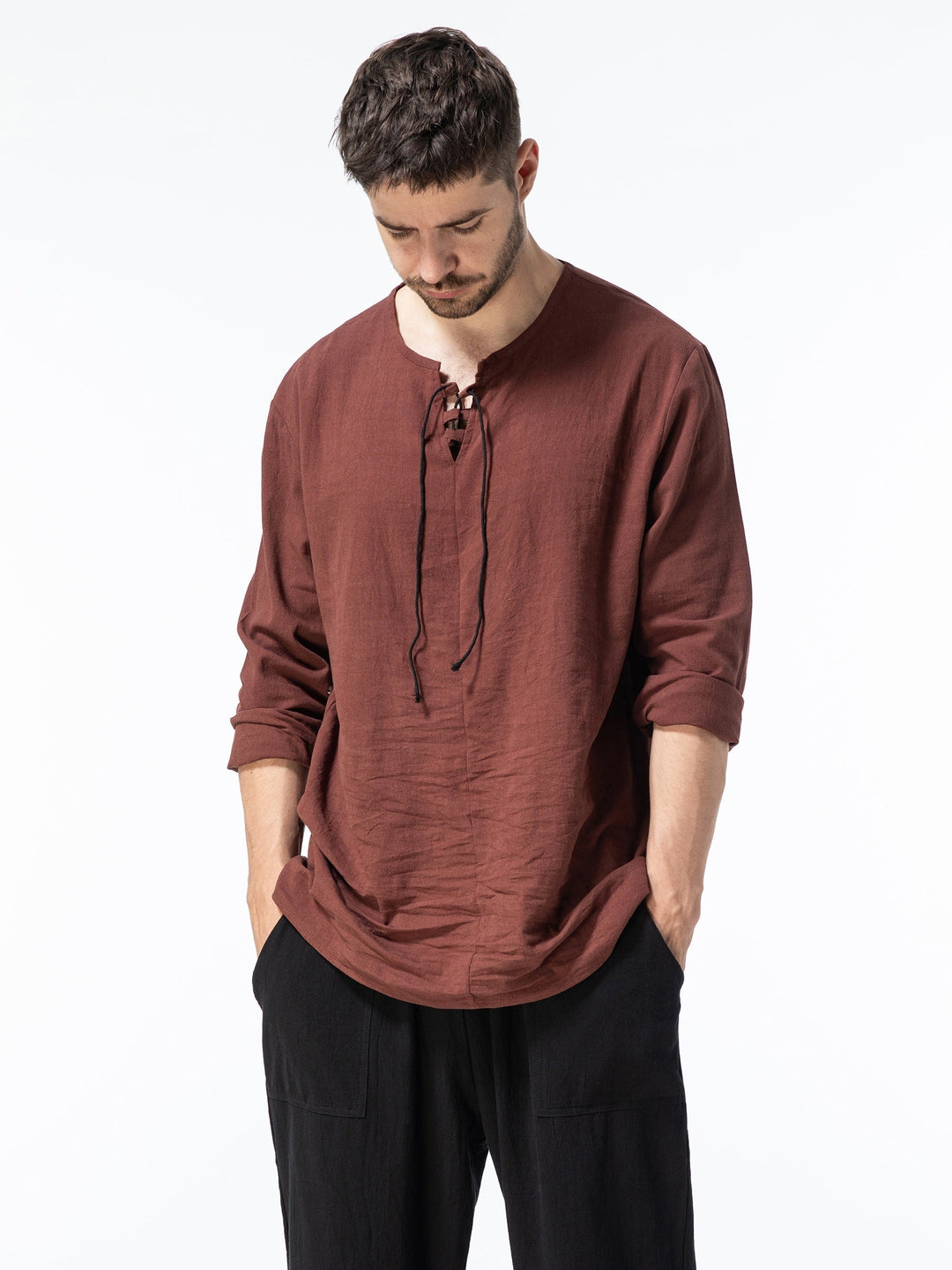 Levoire | T-Shirt Henley À Manches Longues En Mélange Coton-Lin Printemps/Automne