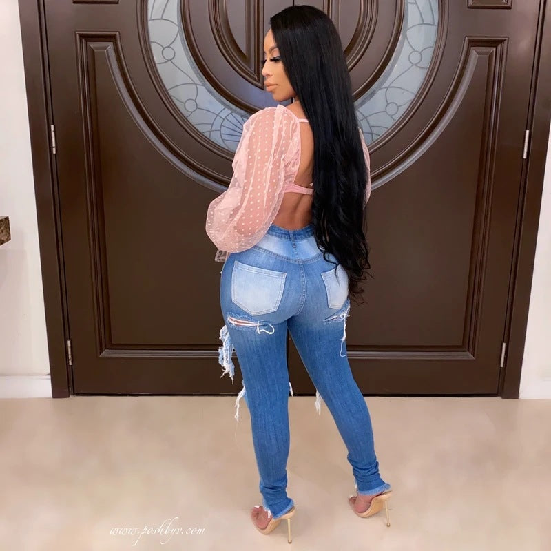 Jeans skinny pour femmes avec look détruit à la mode et taille haute Levoire