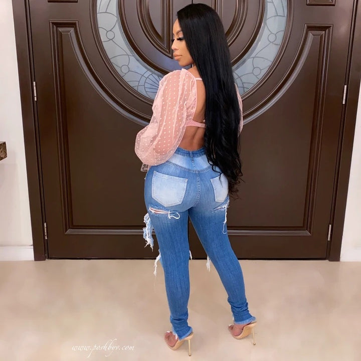 Jeans skinny pour femmes avec look détruit à la mode et taille haute Levoire
