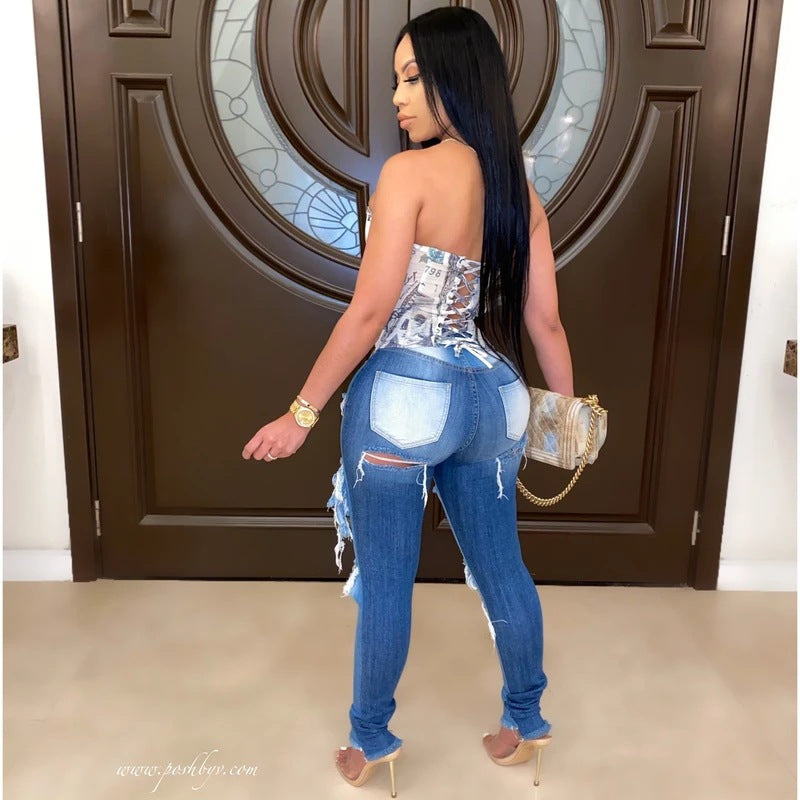 Jeans skinny pour femmes avec look détruit à la mode et taille haute Levoire