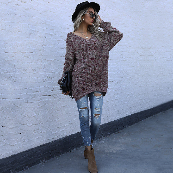 Sweater en tricot surdimensionné pour femmes avec col en V Levoire