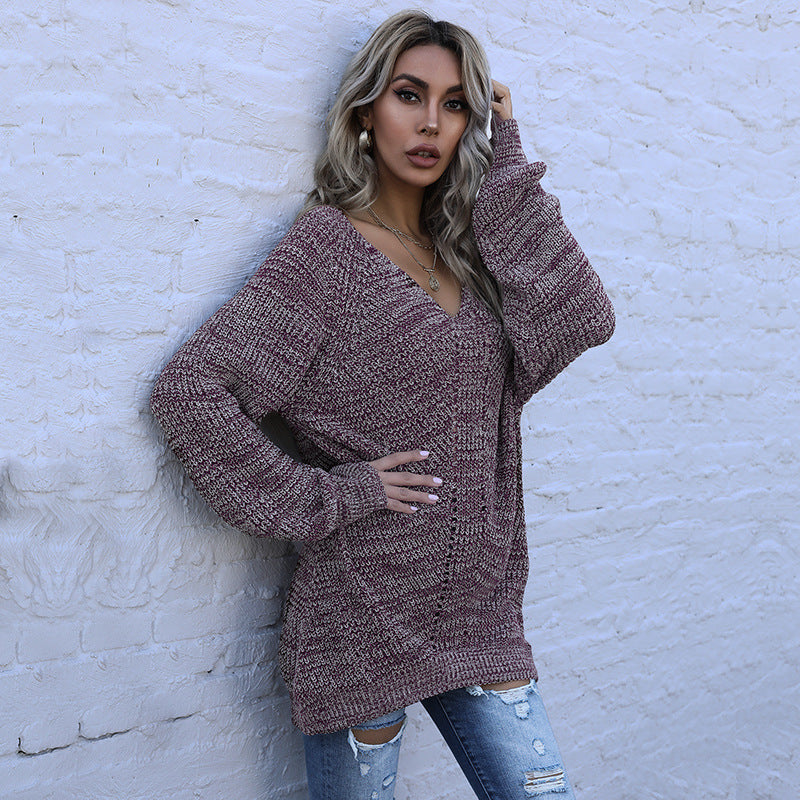 Sweater en tricot surdimensionné pour femmes avec col en V Levoire