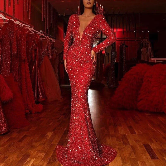 Levoire | Brillant Longue Manche-V décolleté Robe Longue