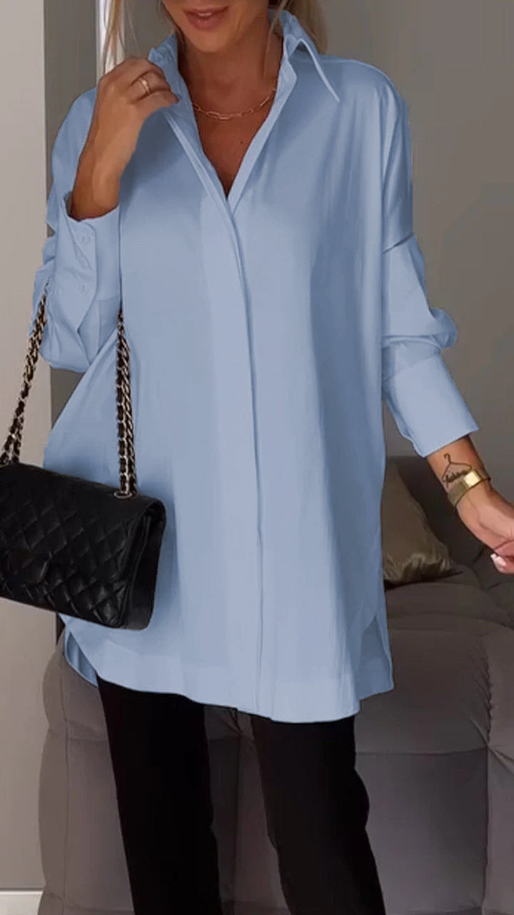Levoire | Élégante Blouse Longue Avec Revers Pour Femmes Bleu clair