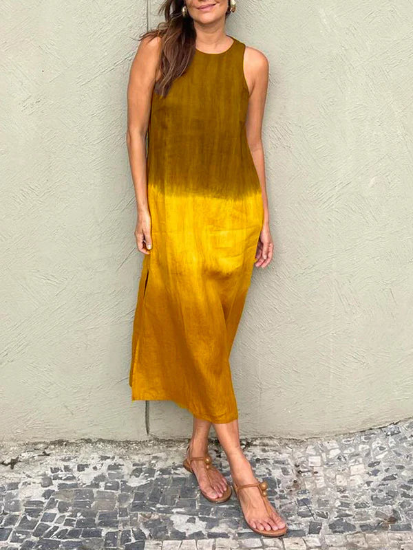 Levoire | Robe Sans Manches En Cotton Et Lin Avec Fente Et Dégradé Tie-Dye Jaune