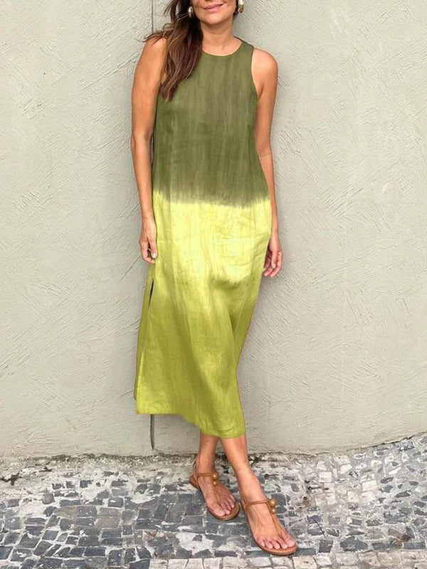 Levoire | Robe Sans Manches En Cotton Et Lin Avec Fente Et Dégradé Tie-Dye Vert