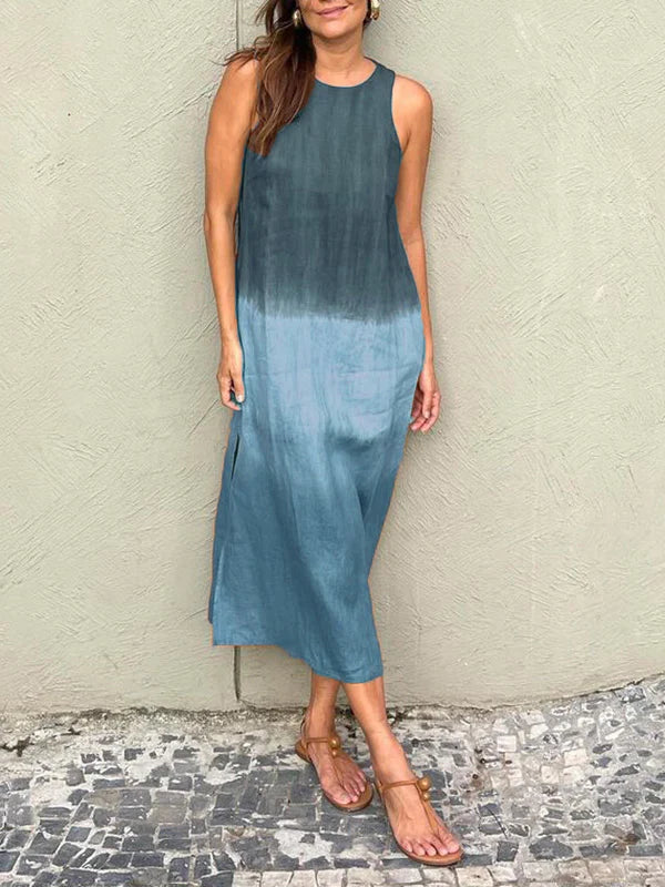 Levoire | Robe Sans Manches En Cotton Et Lin Avec Fente Et Dégradé Tie-Dye Bleu