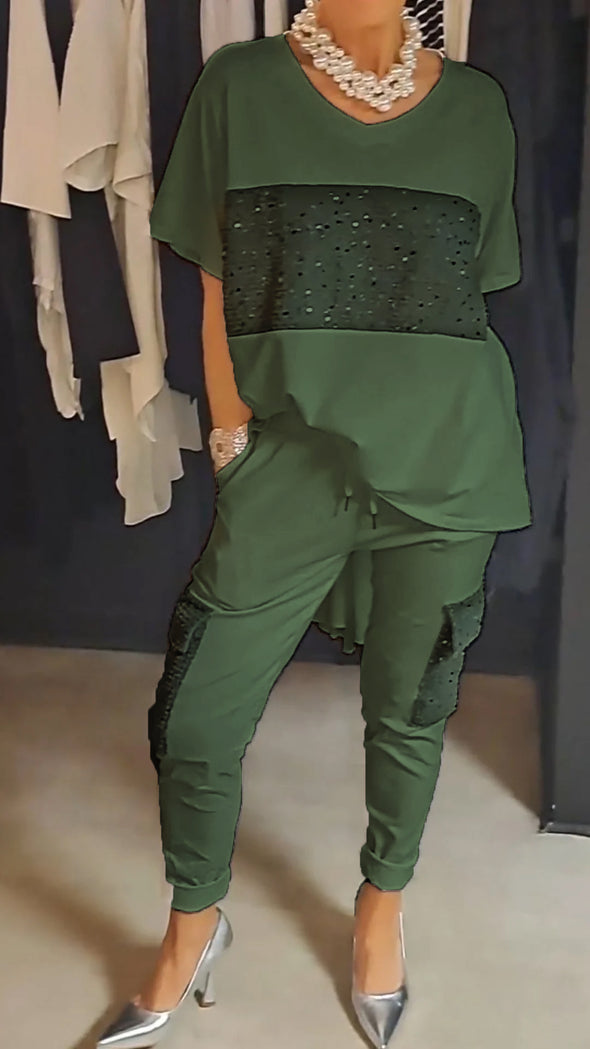 Levoire | Ensemble Décontracté Col Rond Paillettes Vert foncé