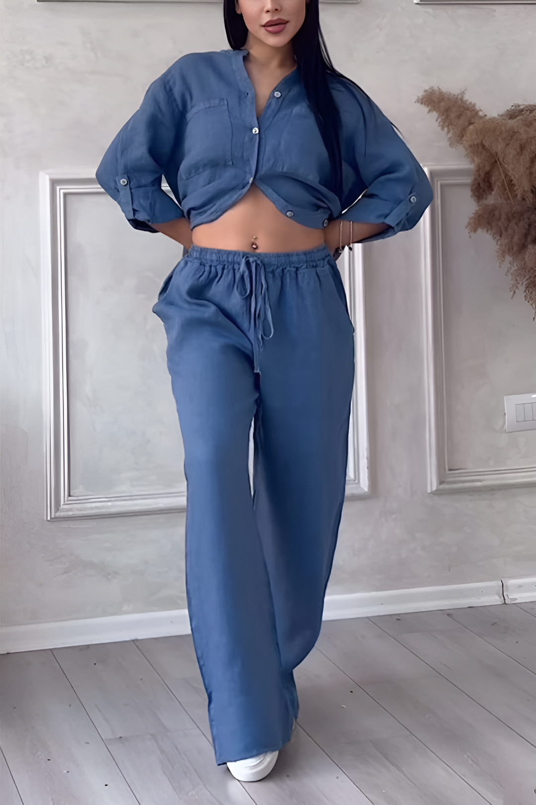 Levoire | Ensemble Chemise Et Pantalon En Mélange De Lin Pour Femmes Bleu foncé