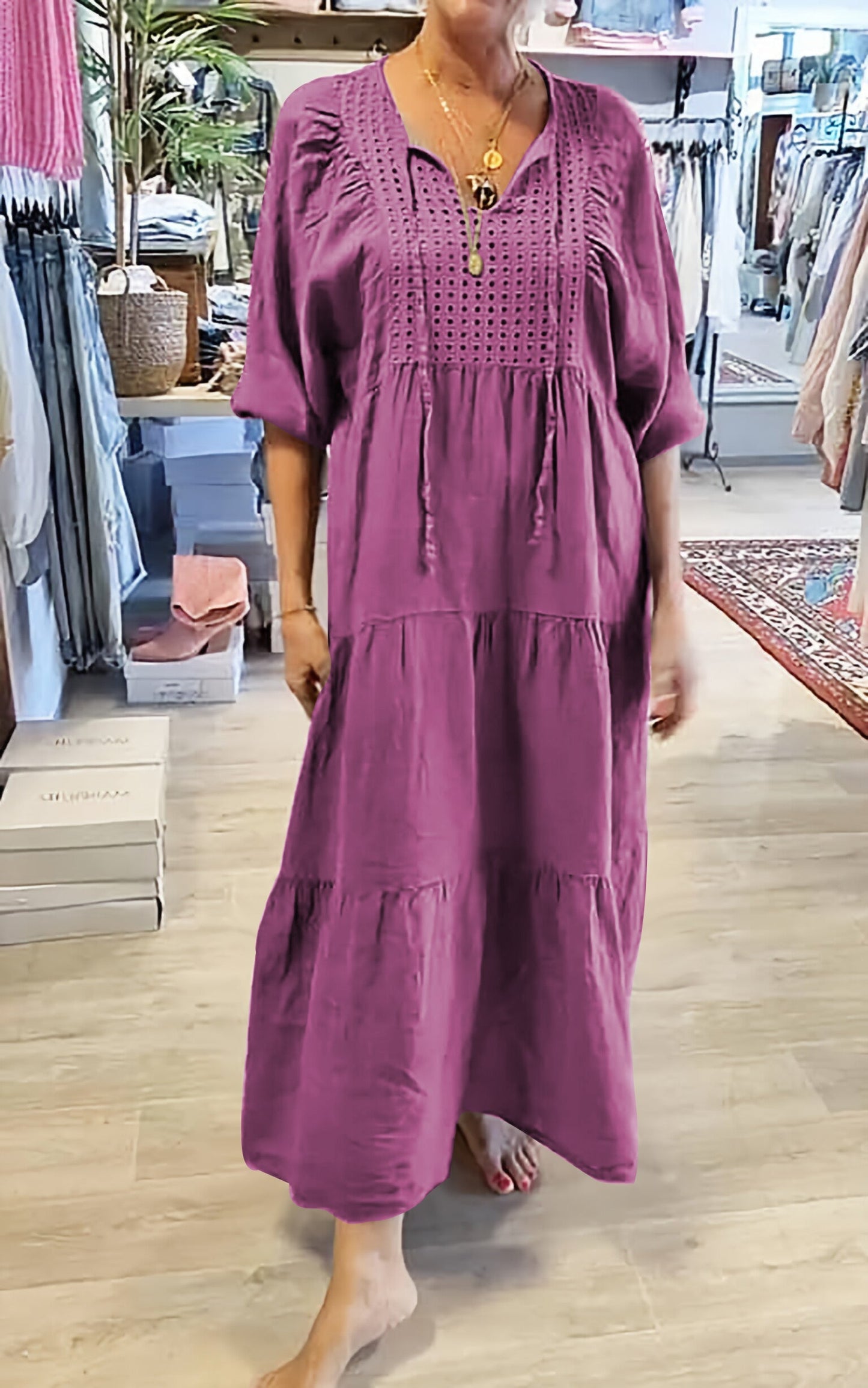 Levoire | Robe Décontractée Femme À Encolure En V De Couleur Unie Lila