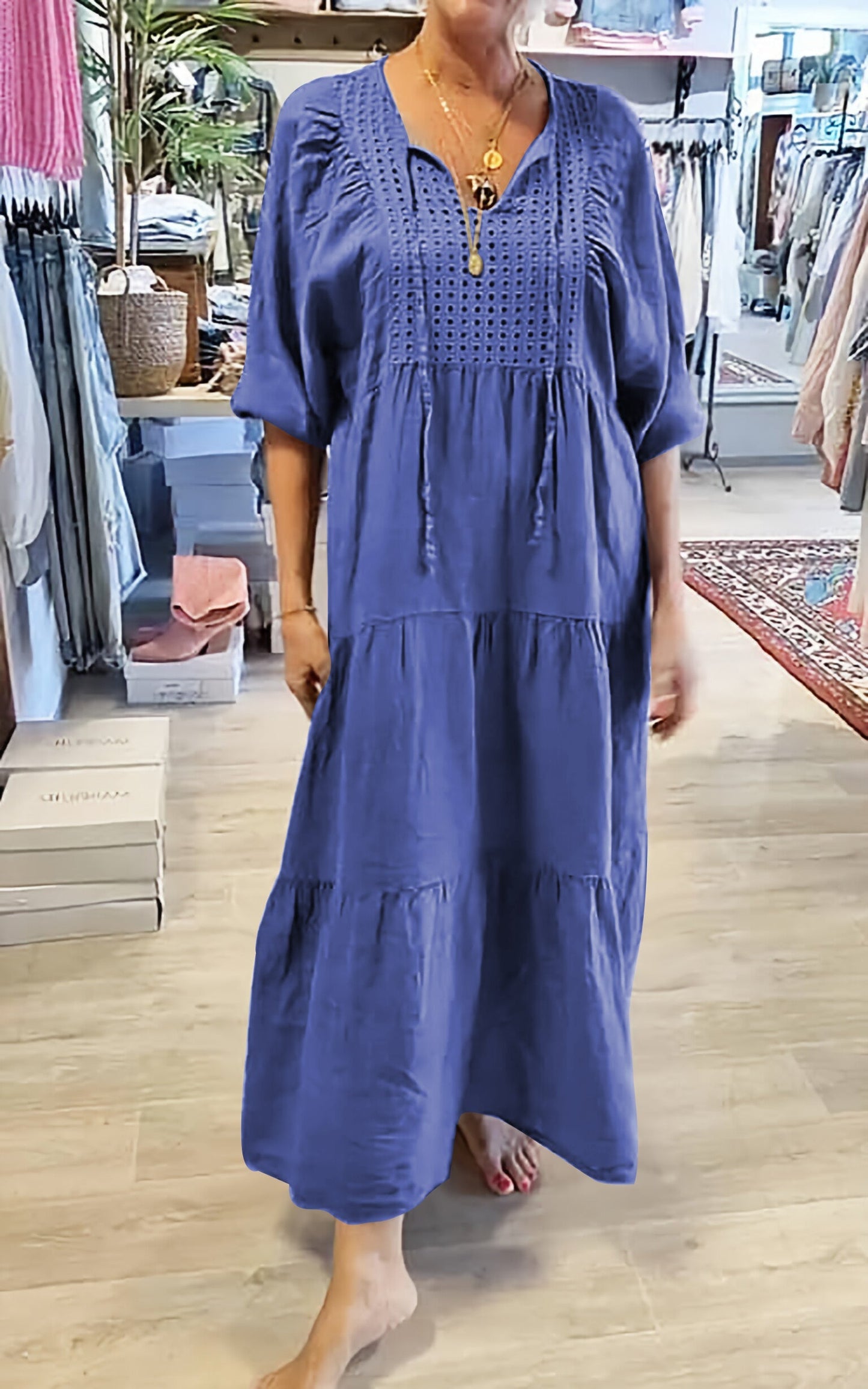 Levoire | Robe Décontractée Femme À Encolure En V De Couleur Unie Bleu
